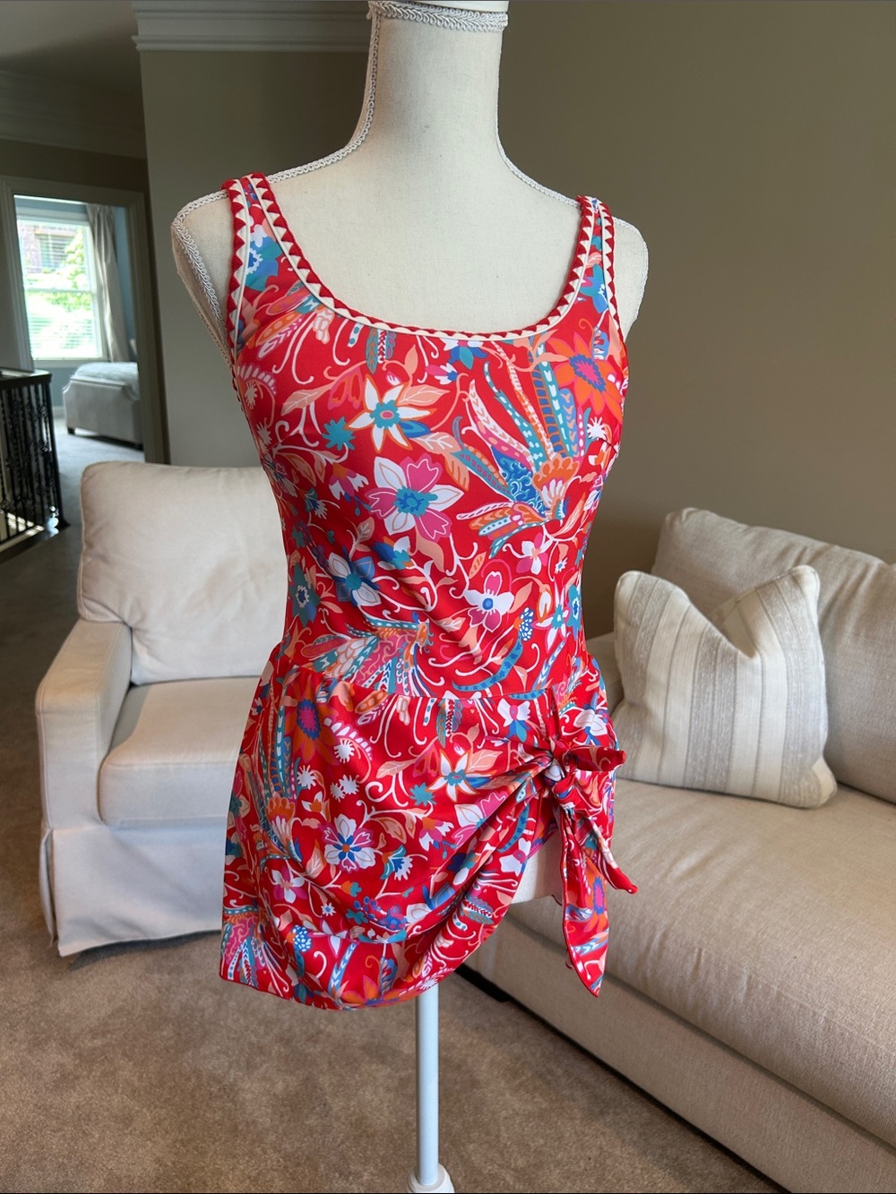Women’s Red Floral One-Piece Swimdress with Tie Detail